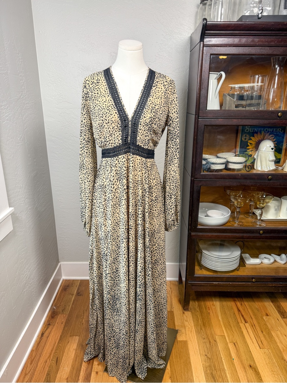Baltic Born Leopard Print Lace Trim Long Sleeve Maxi Dress Size M